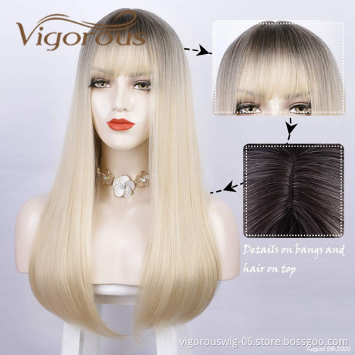 Vigorous High Quality Cheap Price Long Straight Wave Ombre Blonde Dark Root With Neat Bangs For Black Women Synthetic Hair Wigs
